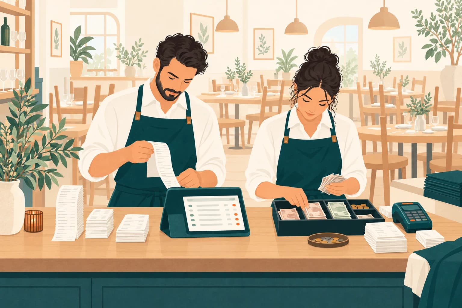 Two restaurant supervisors comparing till cash, receipt records and payment totals after service