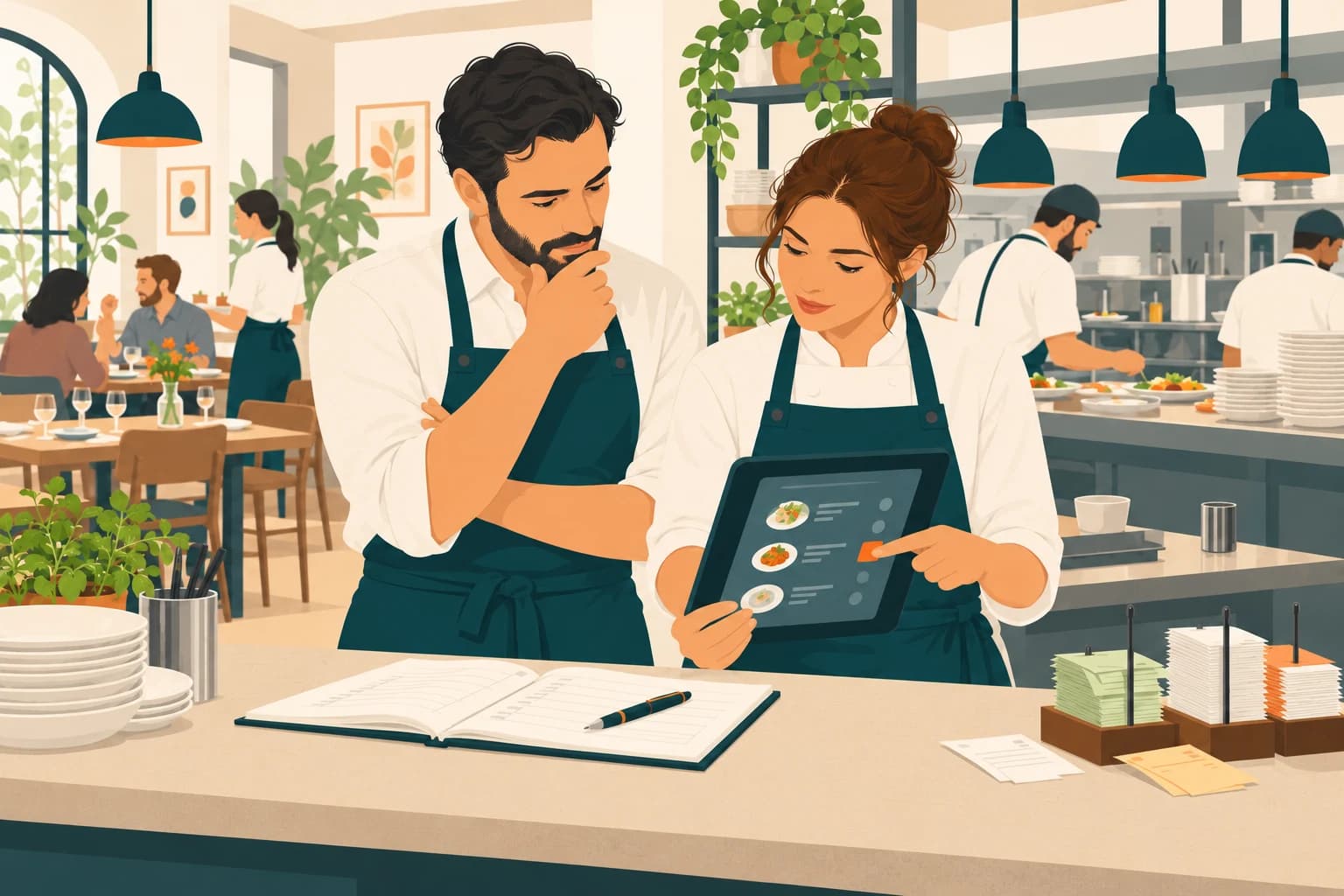 Restaurant manager and supervisor reviewing a proposed change and an open logbook