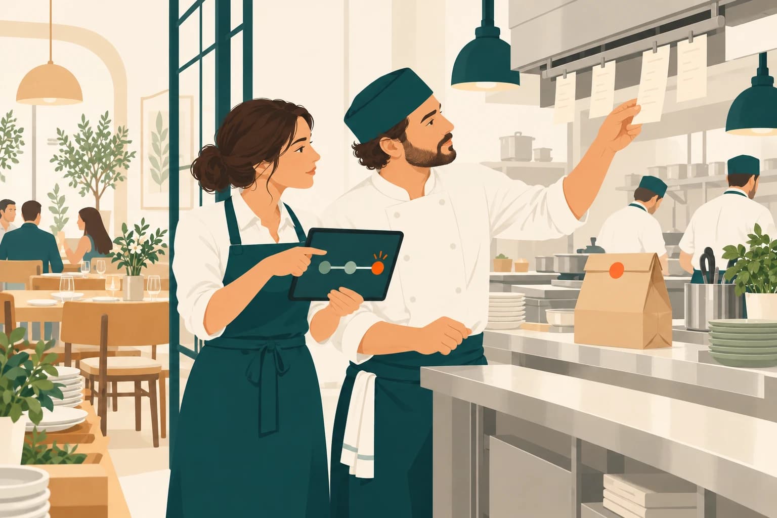 A manager and chef tracing an order from a tablet to the kitchen ticket rail