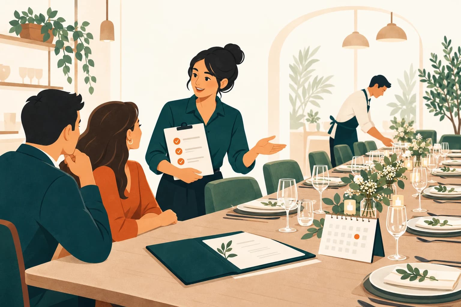 A restaurant function coordinator preparing a group dining layout and proposal