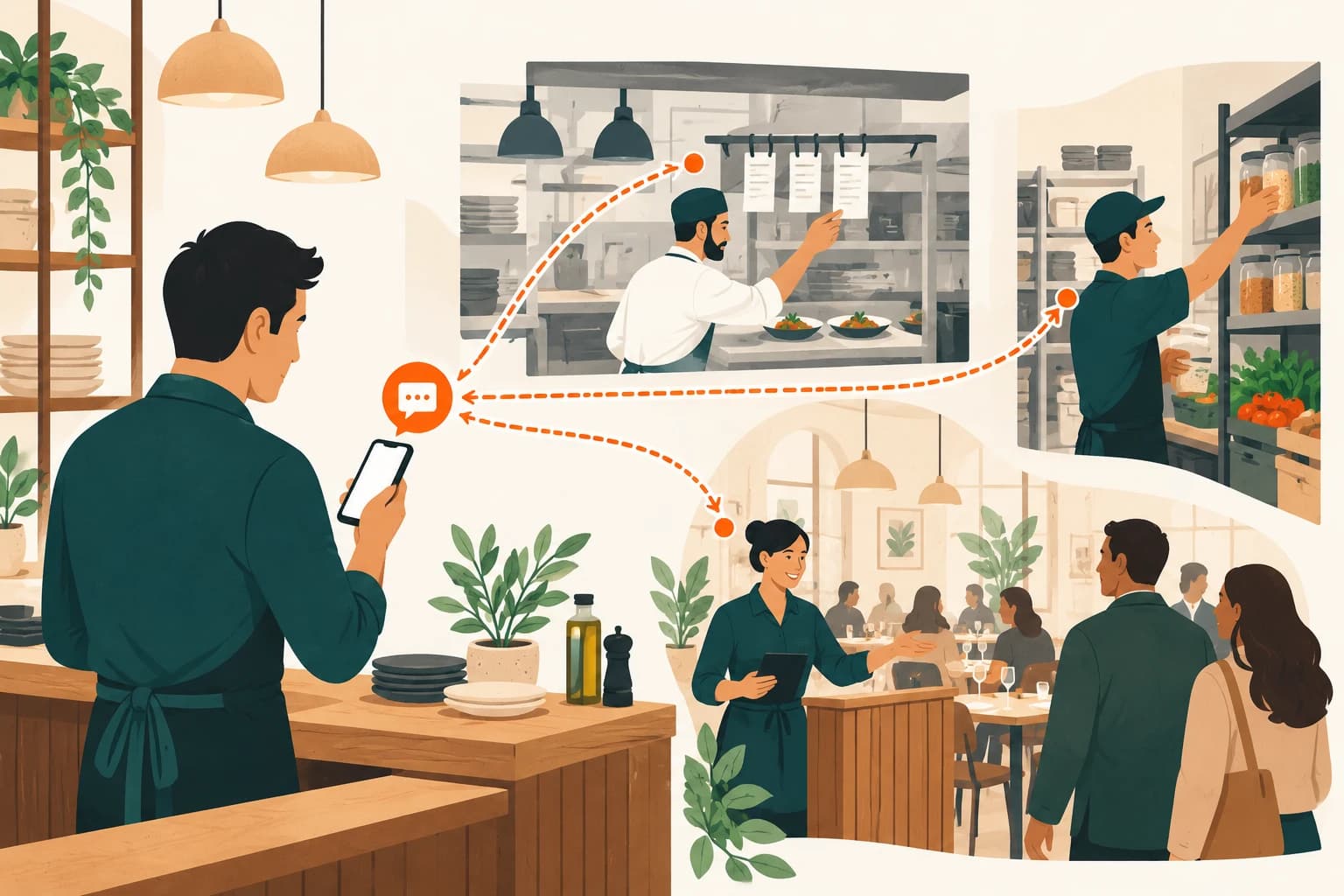 Restaurant team coordinating front-of-house, kitchen and stock work