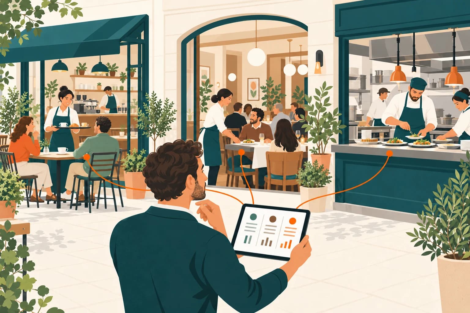 Group operator reviewing a cafe, dining room and kitchen through a shared tablet view