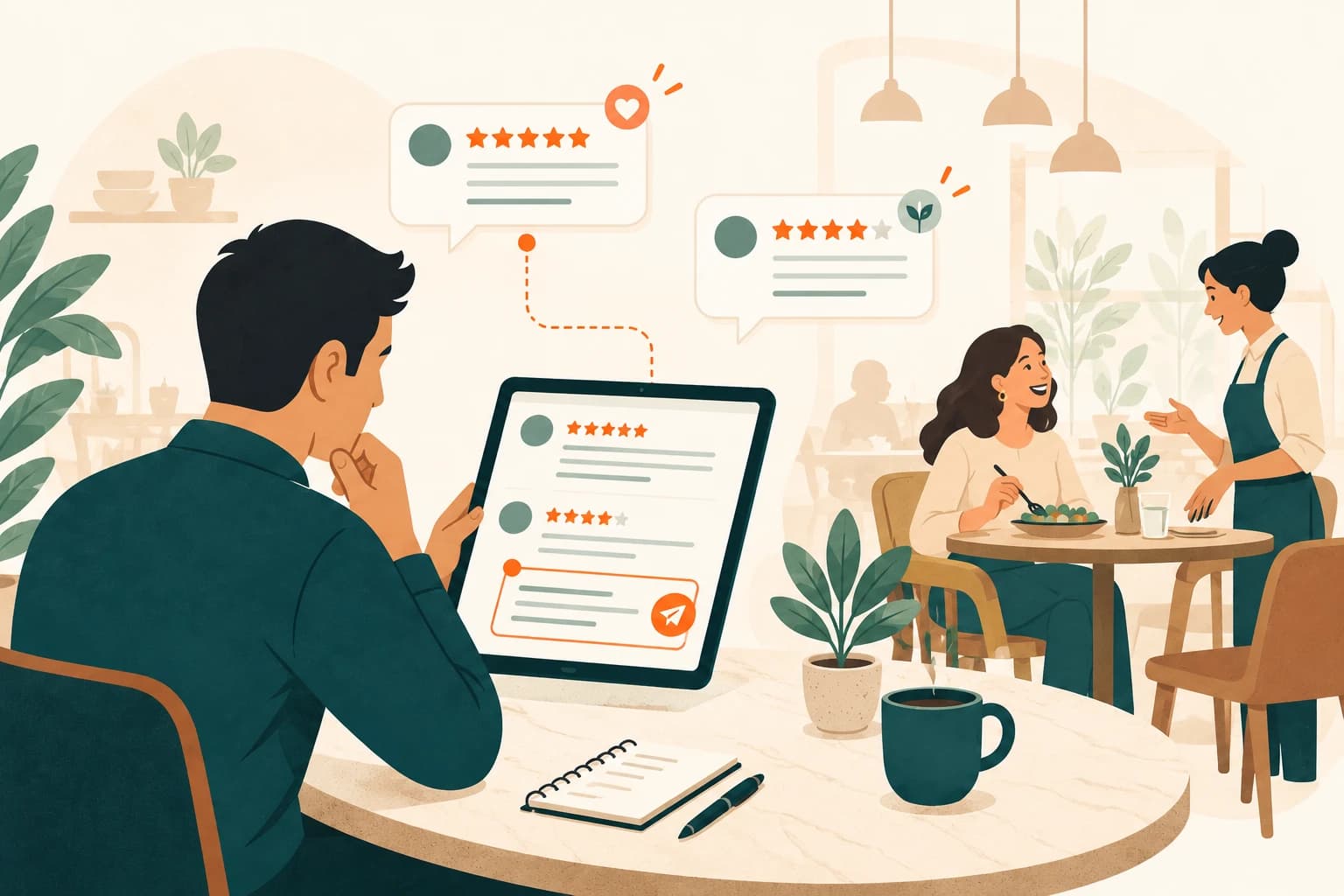 Illustration of a restaurant team reviewing guest feedback, not a customer testimonial