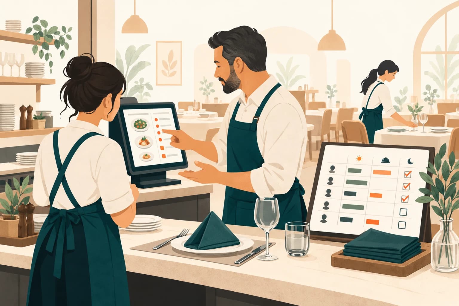 Restaurant manager helping a team member prepare for service