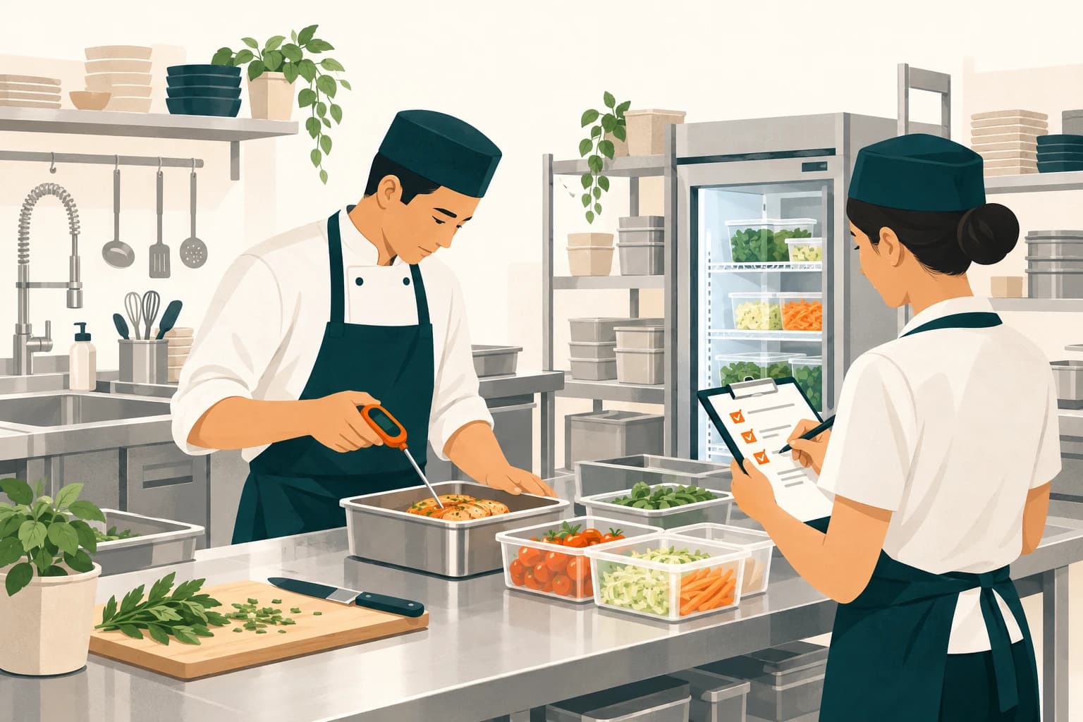 A restaurant team checking a real food temperature and recording the result on a checklist
