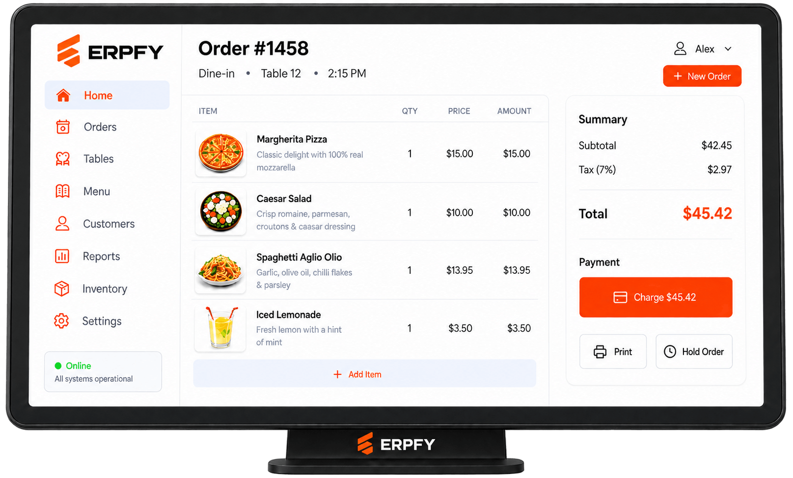ERPFY point-of-sale display showing a restaurant order