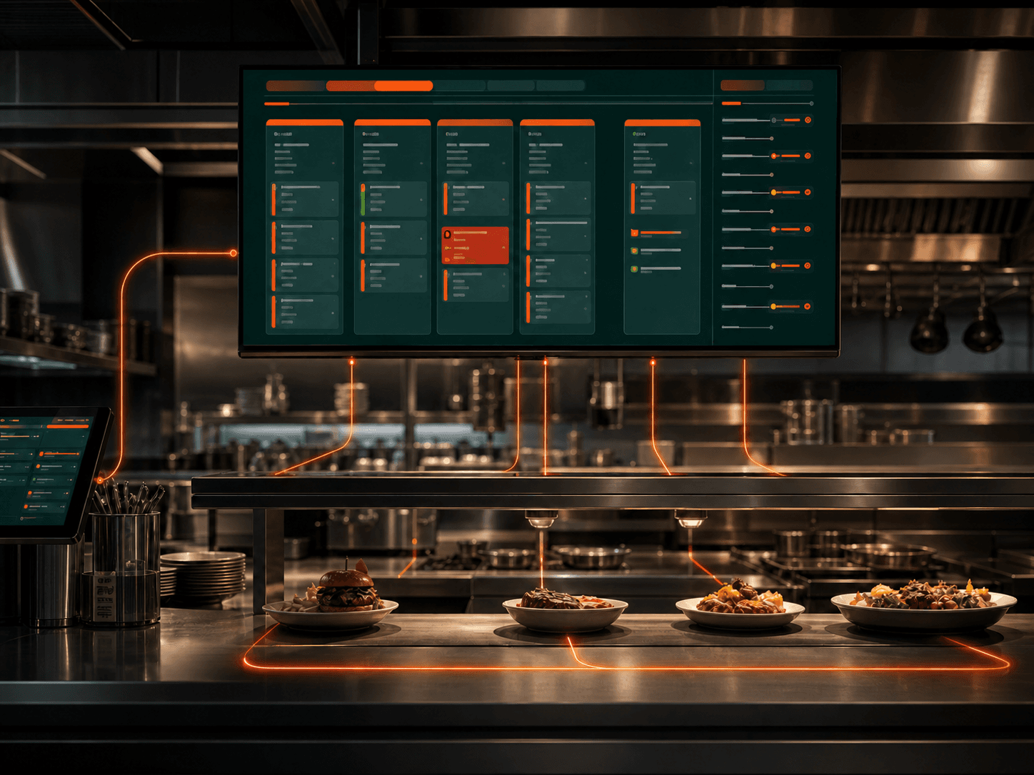 A kitchen display coordinating live production and the service pass