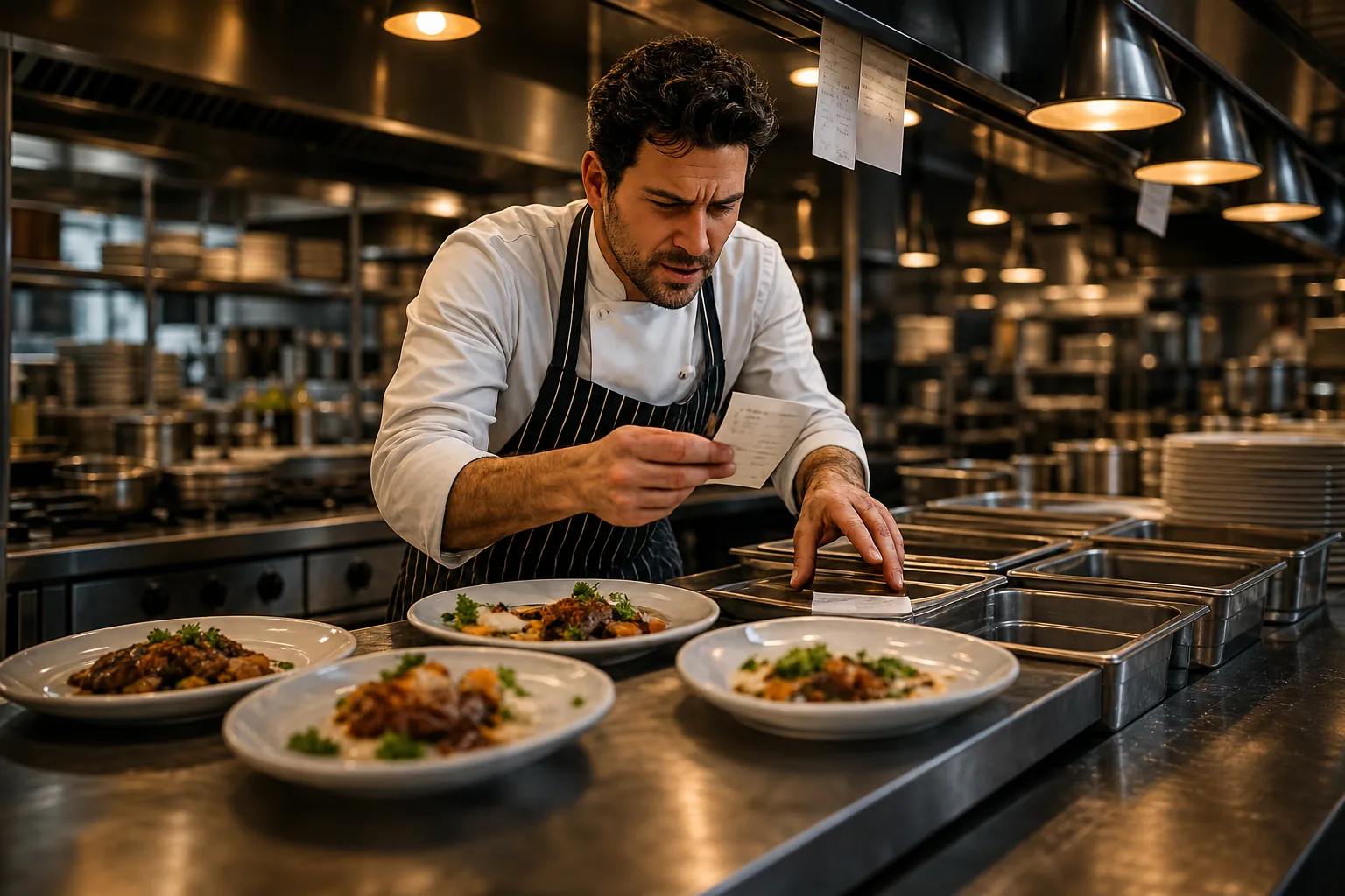Chef checking an order ticket during a busy kitchen service
