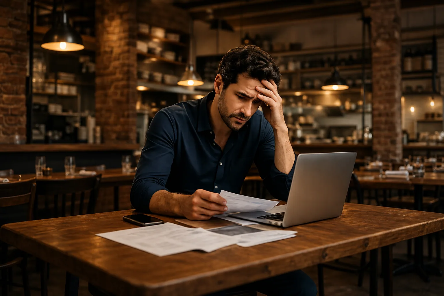 Restaurant owner reviewing reports and receipts beside a laptop