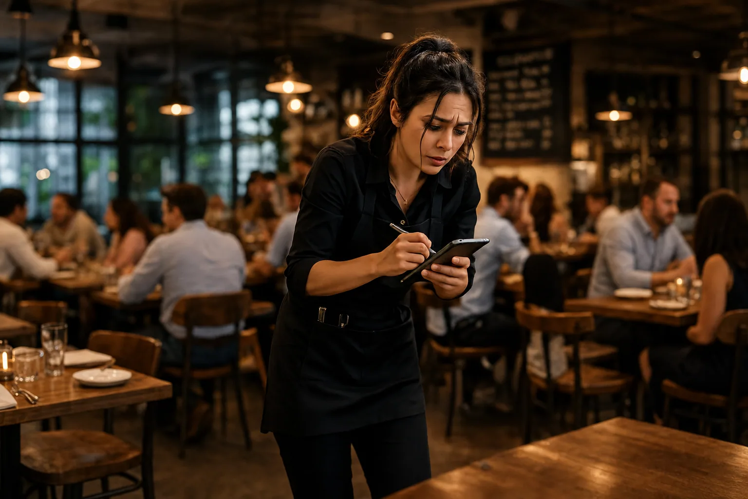 Waitstaff member updating table orders during a busy service