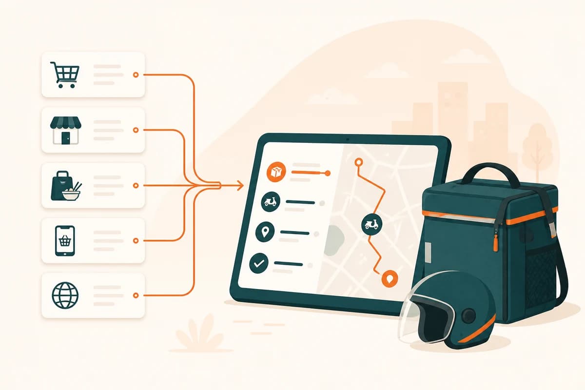 Delivery channels converging into one dispatch map and live delivery workflow