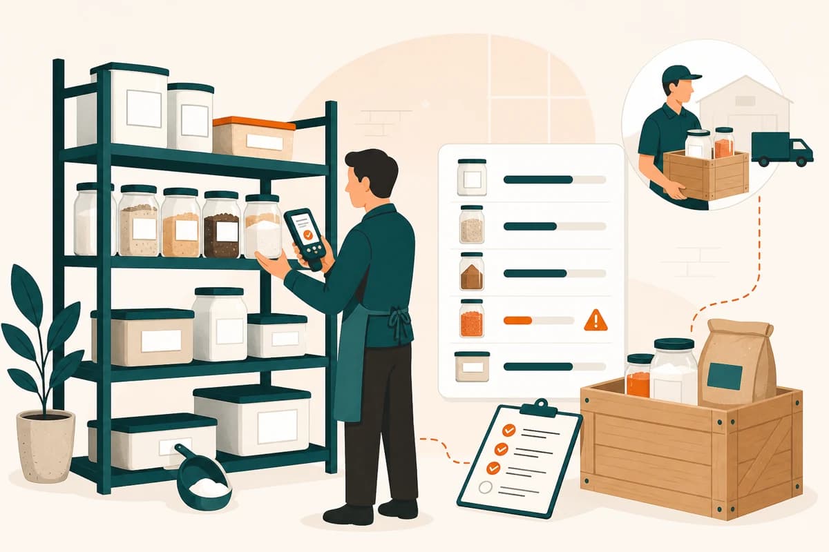 Restaurant storeroom with ingredient scanning, stock alerts and supplier purchasing