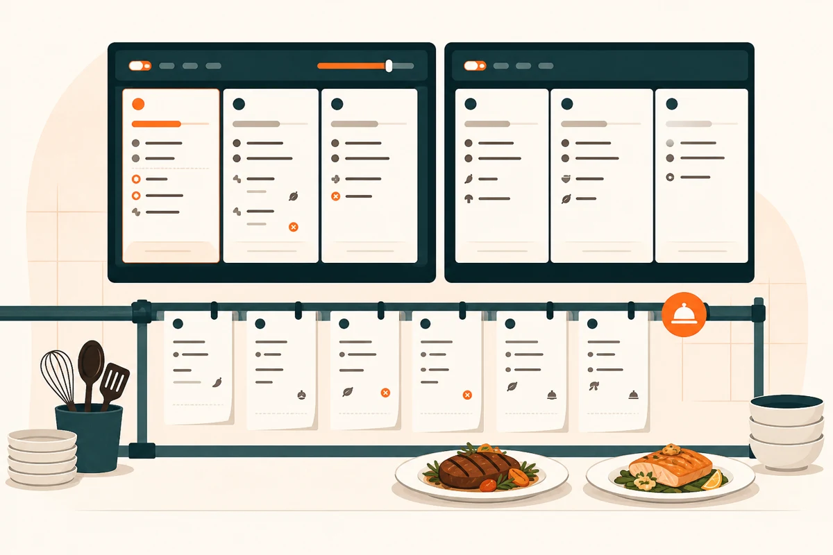 Kitchen pass with live order queues, modifiers, timing and ready dishes