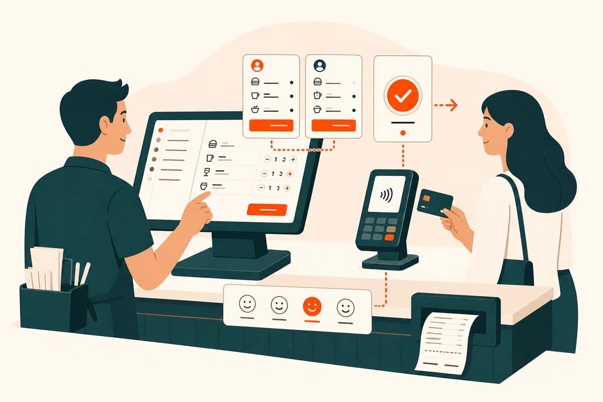 Restaurant checkout with split bills, tipping, a payment terminal and completed receipt