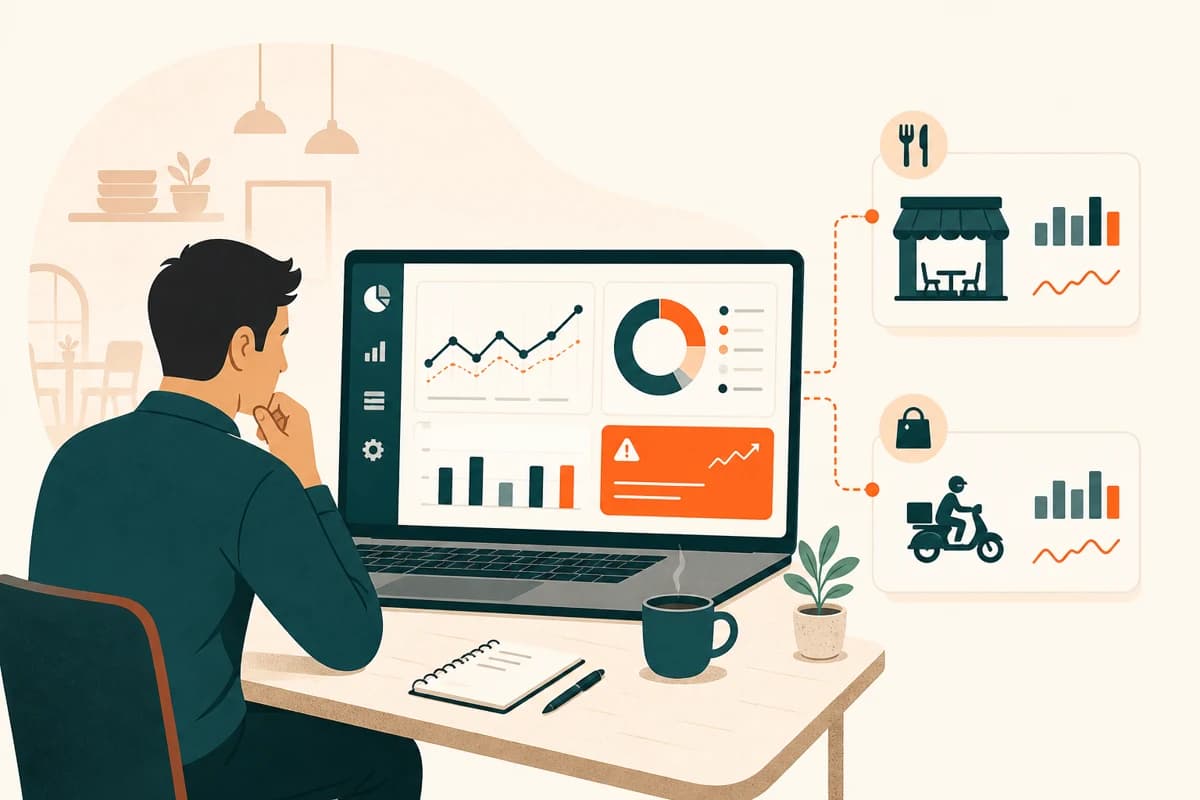 Restaurant owner reviewing live sales, channel trends and an opportunity alert