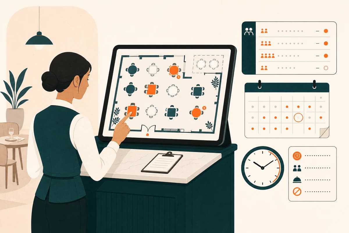 Restaurant host managing a live floor plan, waitlist, calendar and opening hours
