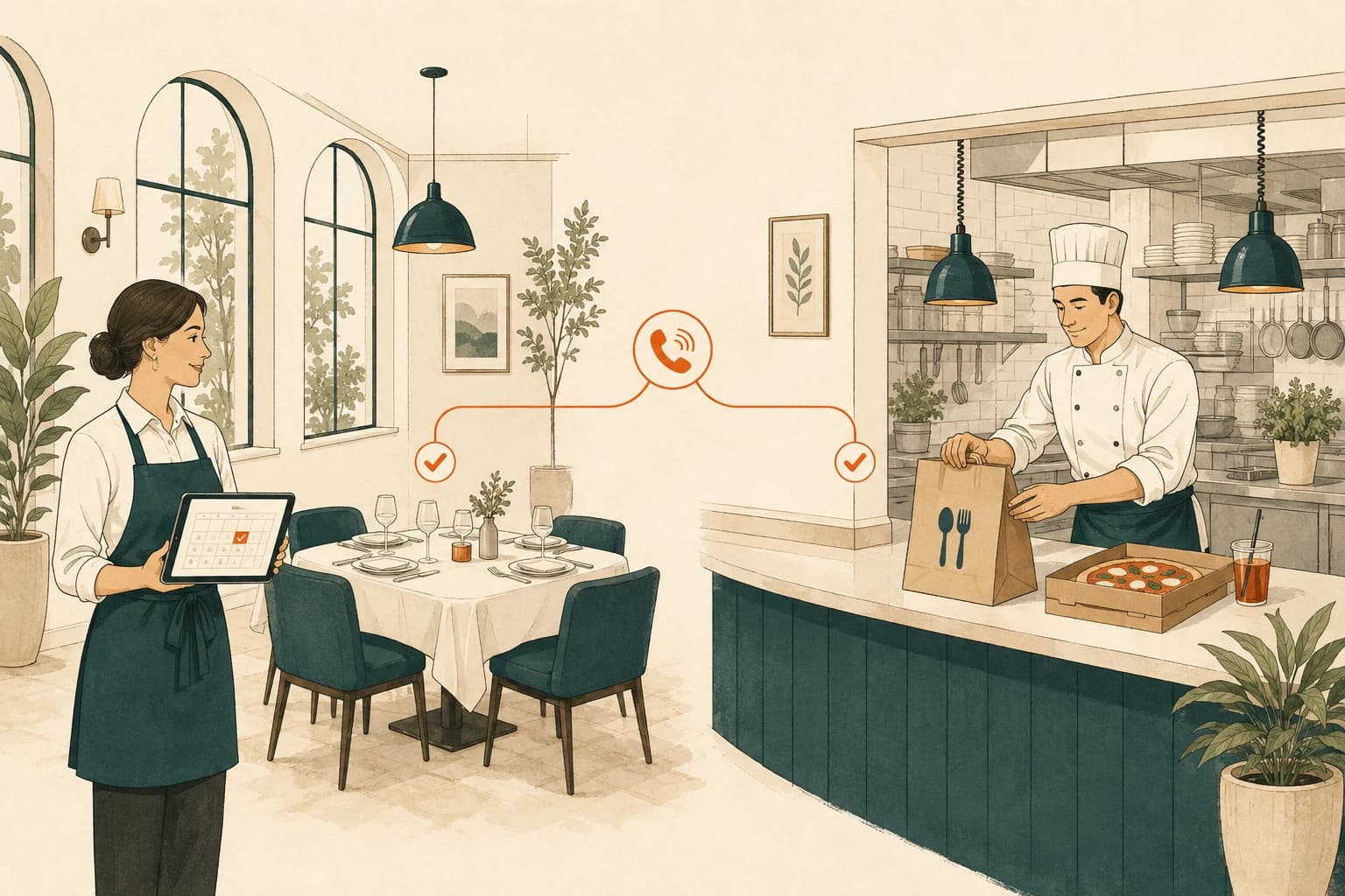 A restaurant host with a confirmed table booking and a chef preparing a takeaway order, connected by a phone call
